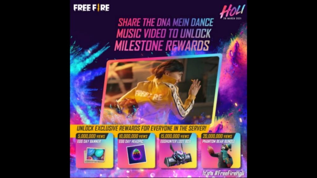 Free Fire Milestone rewards for Music video: DNA Mein Dance 20 million views Rewards Phantom Bear Bundle 1 Free Fire Milestone rewards