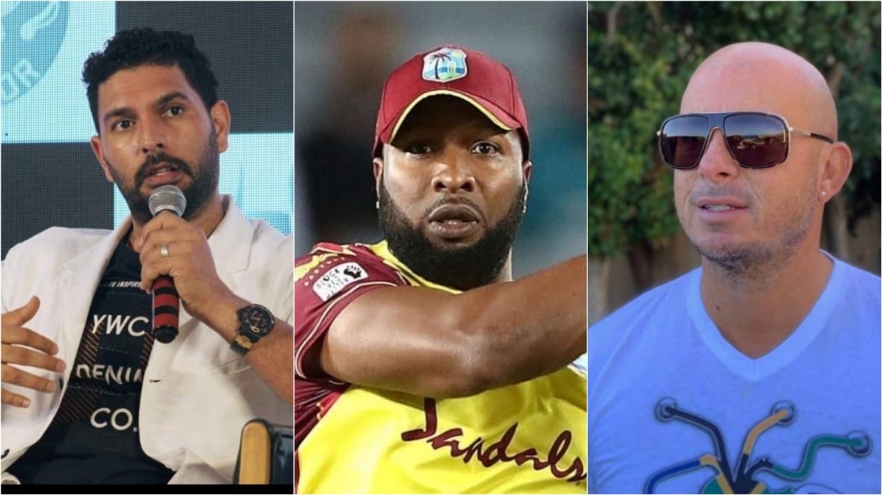 Yuvraj Singh and Herschelle Gibbs react to Kieron Pollard’s 6 sixes in an over
