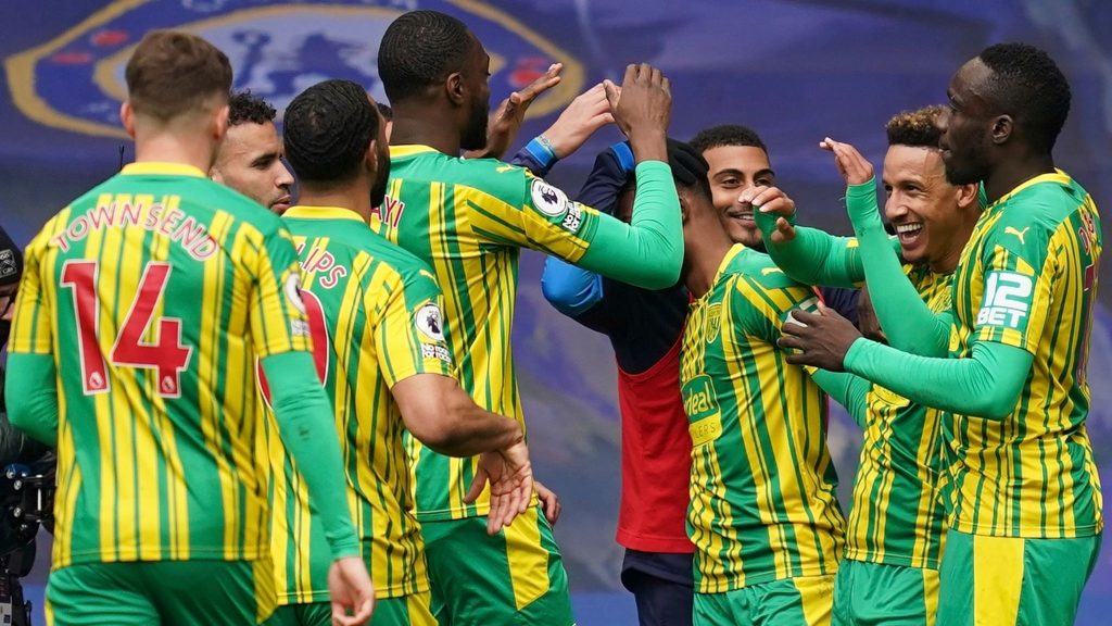 Relegation looms large for West Brom as they lose to Foxes 1 West Bromwich celebrate their 5-2 victory over Chelsea at Stamford Bridge