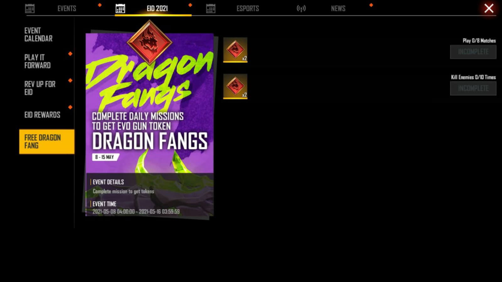 Free Fire Dragon Fangs Tokens: Complete Daily missions to get Evo gun tokens 1 Free Fire Dragon Fangs Tokens