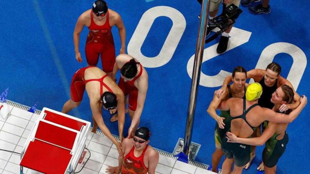 China in disbelief as they break the 4x200m freestyle relay world record; Australia celebrate in swimming at tokyo olympics