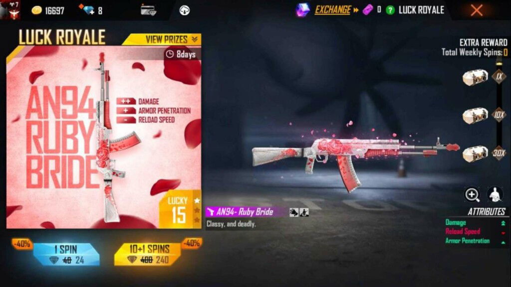 How to get the Free Fire AN94 Ruby Bride at 40% off in Weapon Royale? 2 Free Fire AN94 Ruby Bride