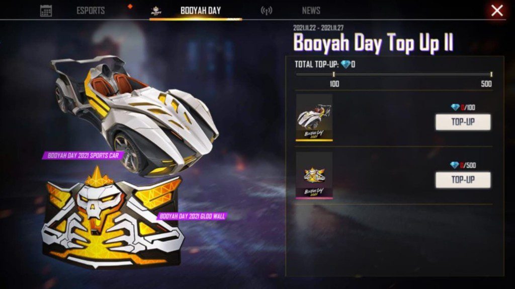 How to get the Booyah Day 2021 Gloo Wall and Booyah Day 2021 Sports Car in Free Fire Booyah Day Top up 2? 1 Booyah Day Top up 2
