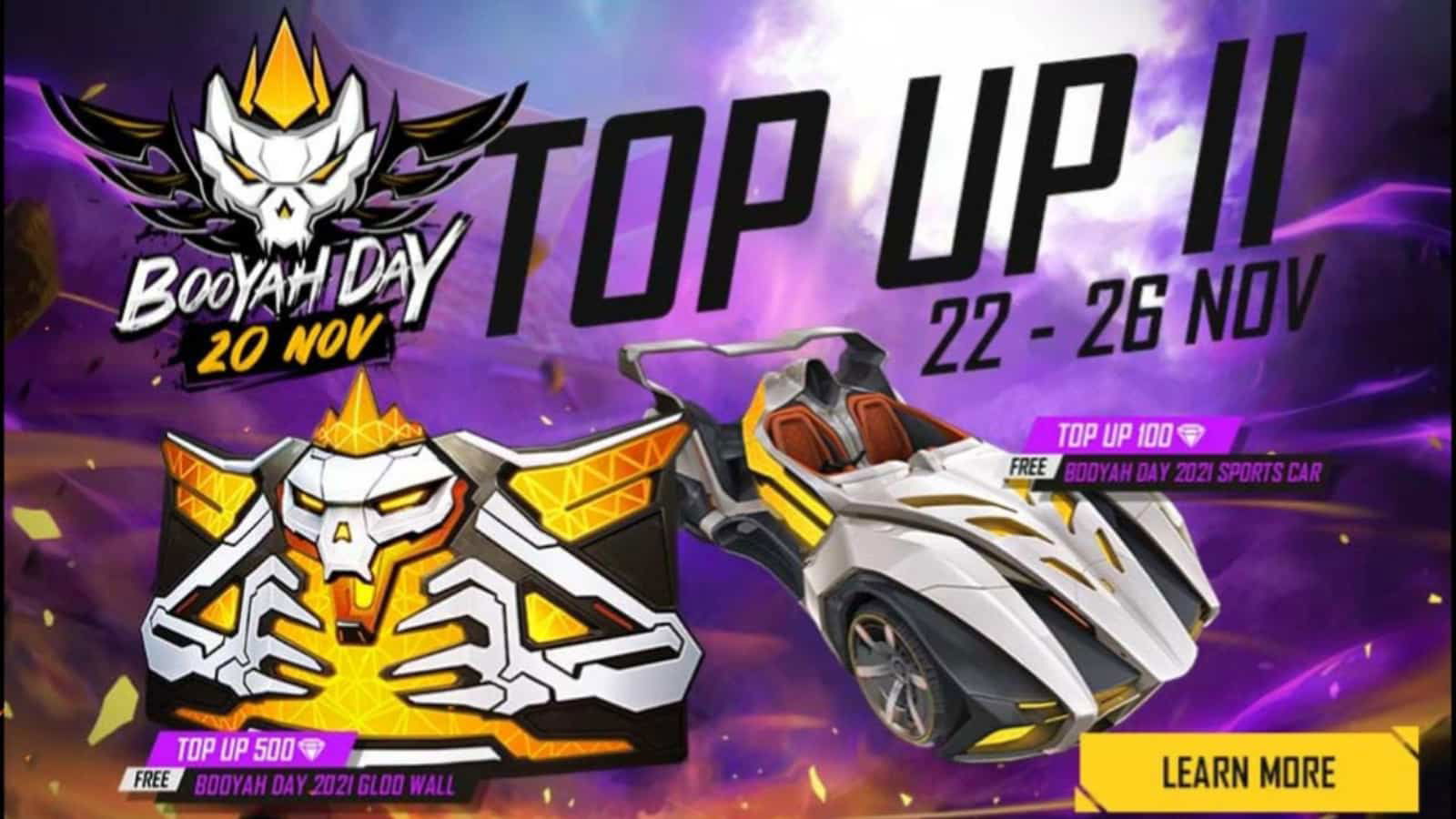 How to get the Booyah Day 2021 Gloo Wall and Booyah Day 2021 Sports Car in Free Fire Booyah Day Top up 2?