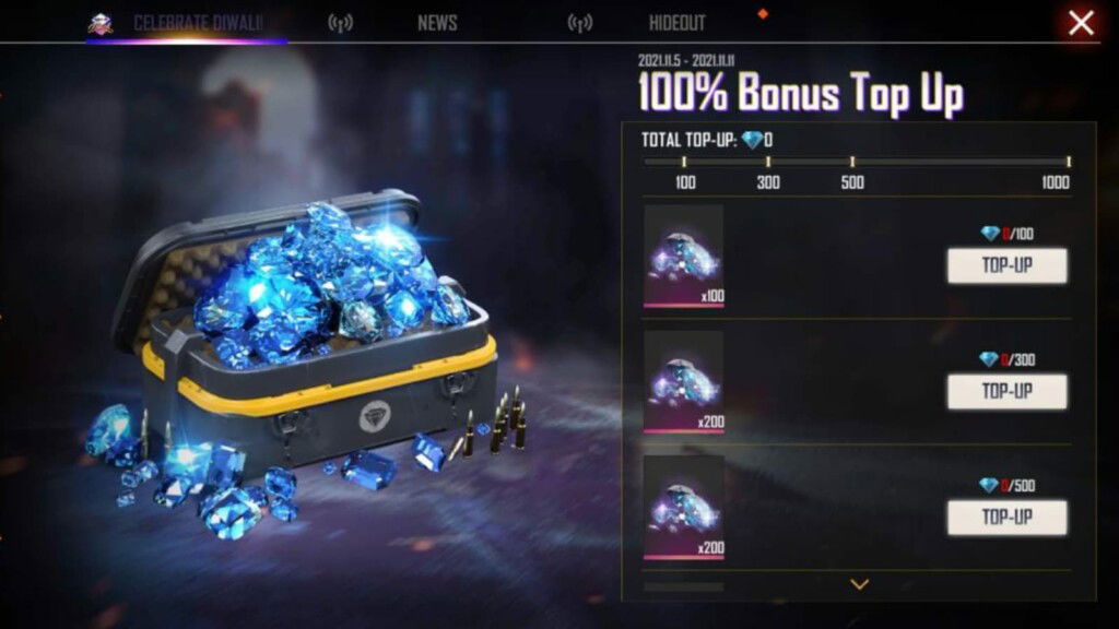 Free Fire Diwali Top up event: Get a 100% Bonus diamonds! 1 Free Fire Diwali Top up