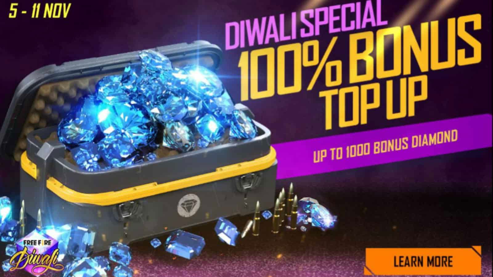 Free Fire Diwali Top up event: Get a 100% Bonus diamonds!