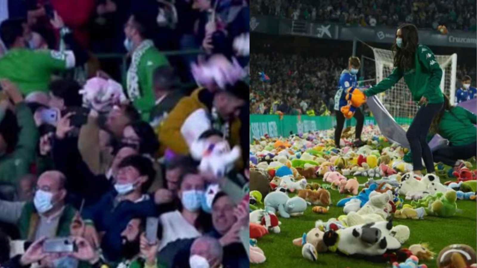WATCH: Real Betis fans throw toys on the pitch for unprivileged kids as an annual tradition before Christmas