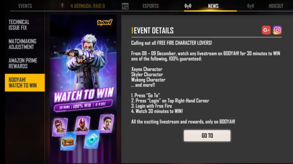 Free Fire Watch to Win event for December 8th, 2021: Character special! 1 Free Fire Watch to Win