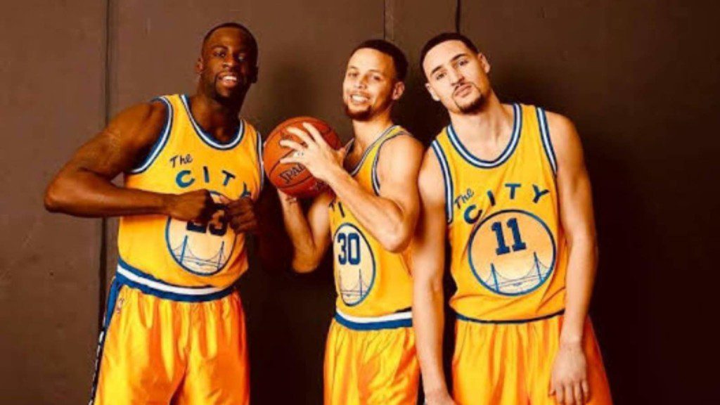 Draymond Green, Stephen Curry and Klay Thompson