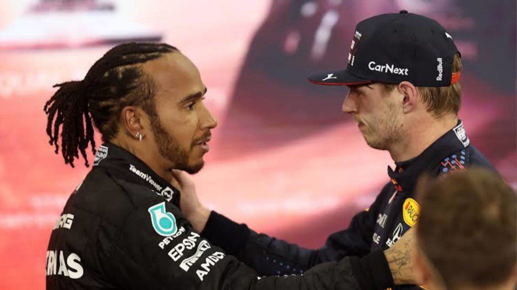 Lewis Hamilton and Max Verstappen after the end of the race at the Abu Dhabi Grand Prix