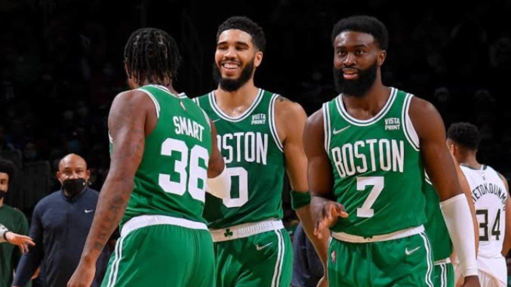 Marcus Smart, Jayson Tatum and Jaylen Brown