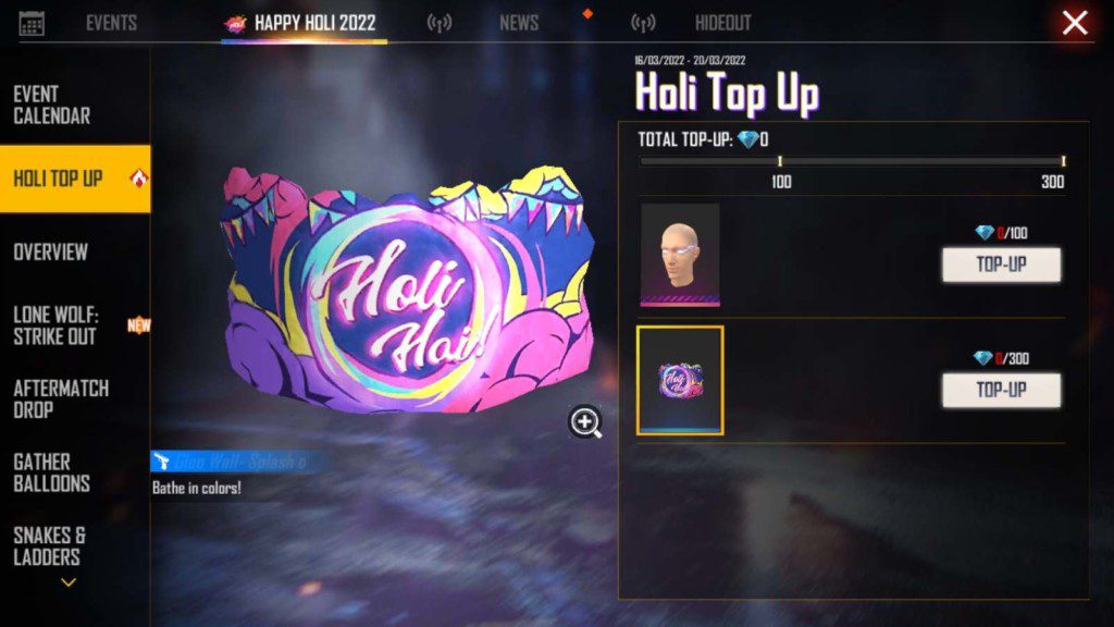 How To Get Splash Of Colours Gloo Wall For Free In Free Fire MAX? 1 Holi Top-Up Event