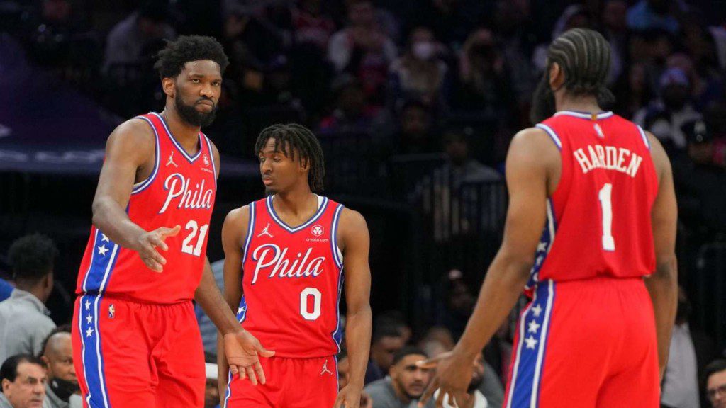 Joel Embiid, James Harden and Tyrese Maxey of Philadelphia 76ers