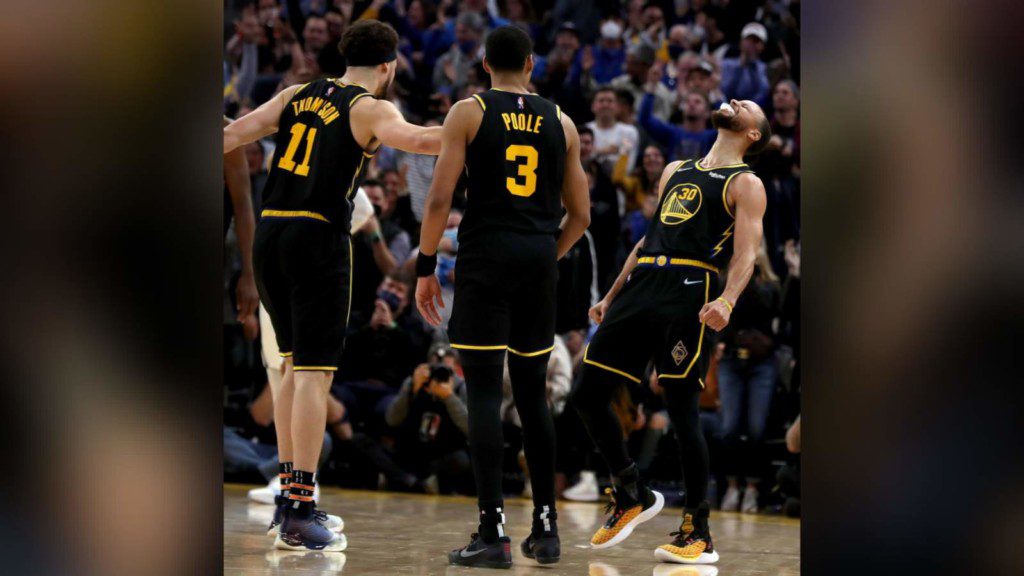 Klay Thompson, Jordan Poole and Stephen Curry