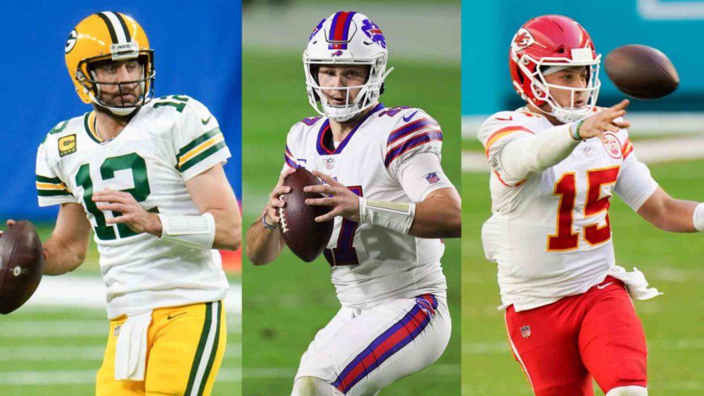 Aaron Rodgers, Josh Allen, and Patrick Mahomes