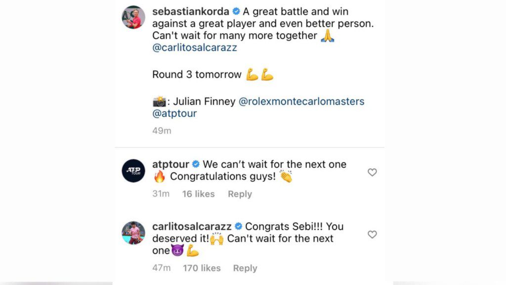 'Can't wait for the next one" Carlos Alcaraz replies to Sebastian Korda on the American's victory post on Instagram 1 Comment of Carlos Alcaraz on Sebastian Korda's post