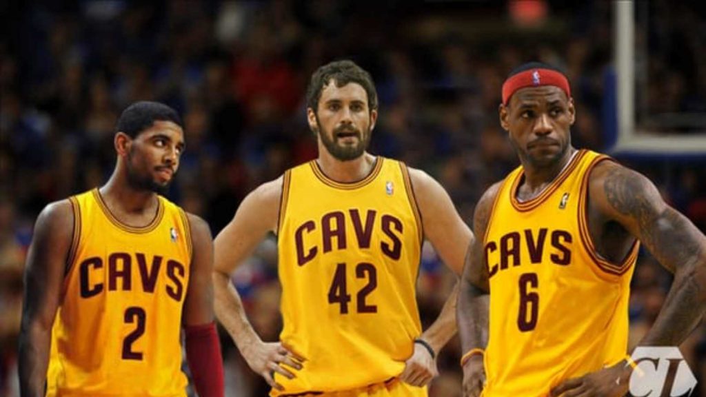 Kyrie Irving, Tristan Thompson, and LeBron James