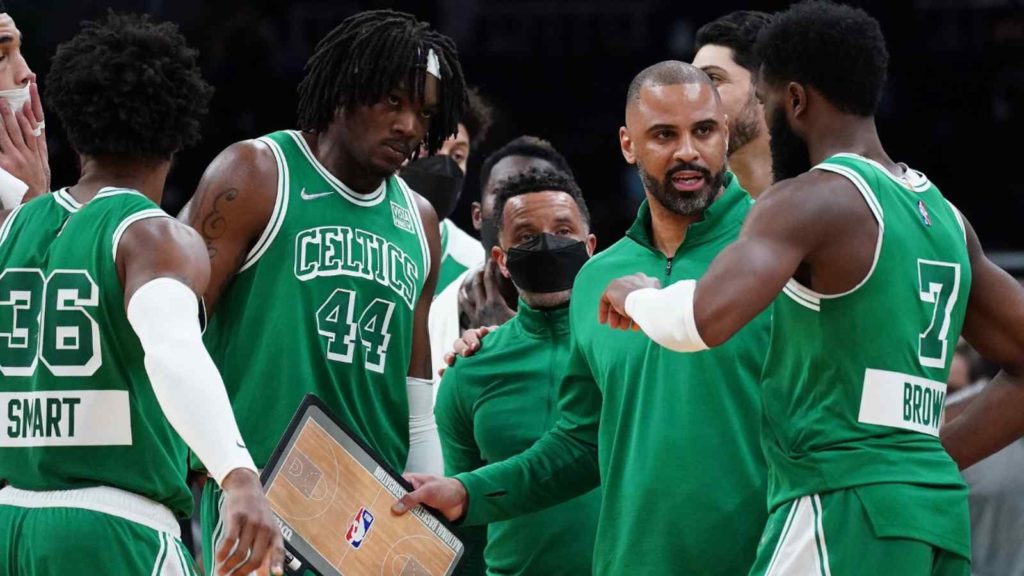 Marcus Smart, Robert Williams III, Ime Udoka and Jaylen Brown