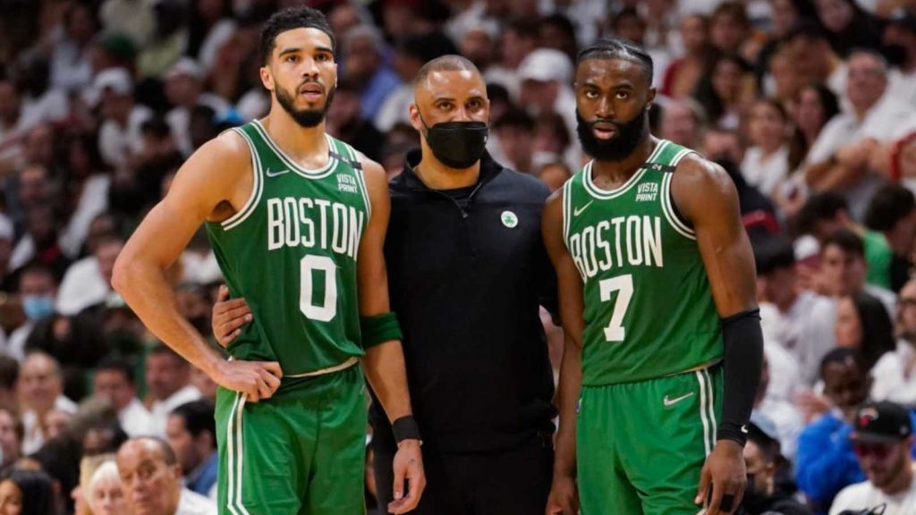 Jayson Tatum, Ime Udoka and Jaylen Brown