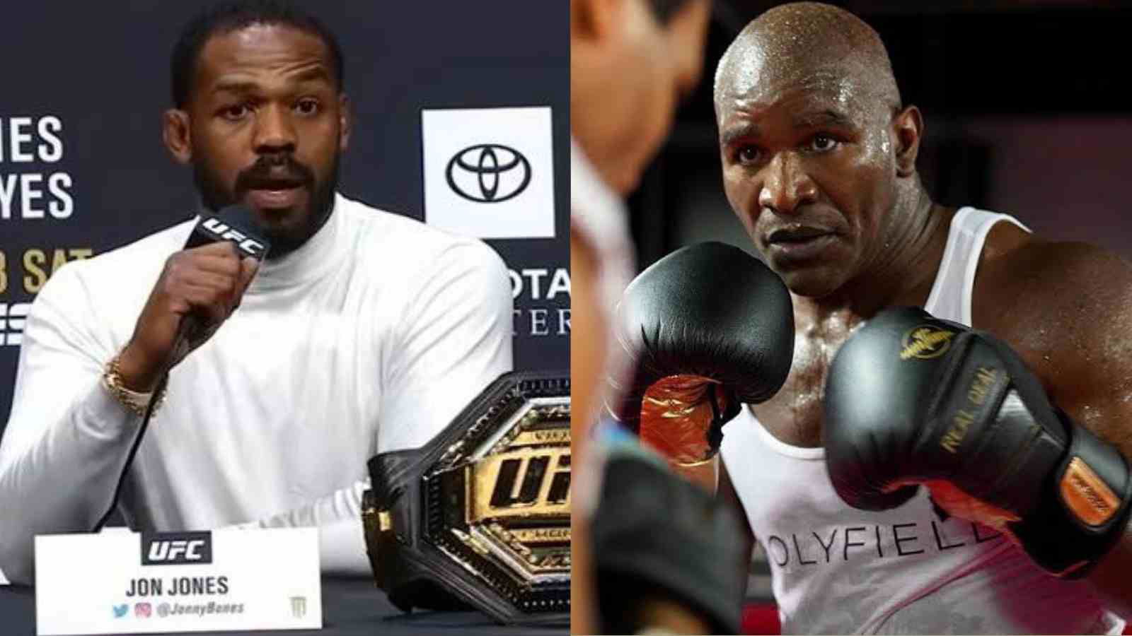 Jon jones crosses paths with fellow heavyweight legend Evander Holyfield while cornering teammate
