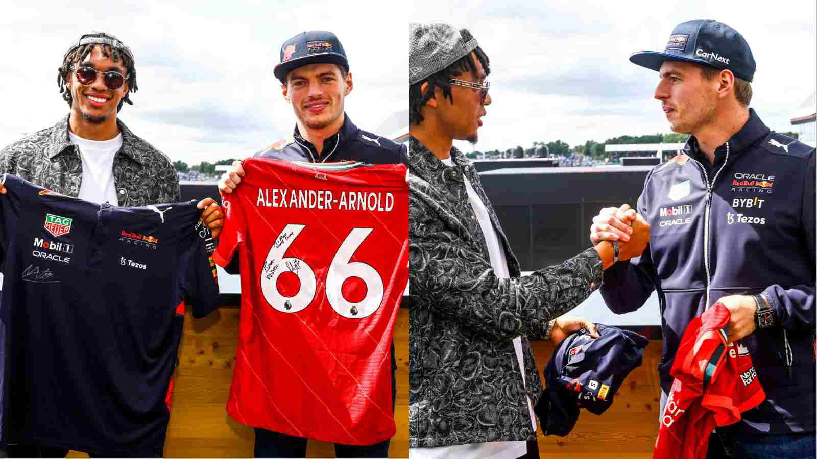 Liverpool’s Trent Alexander-Arnold crosses path with current F1 champion Max Verstappen ahead of the British GP