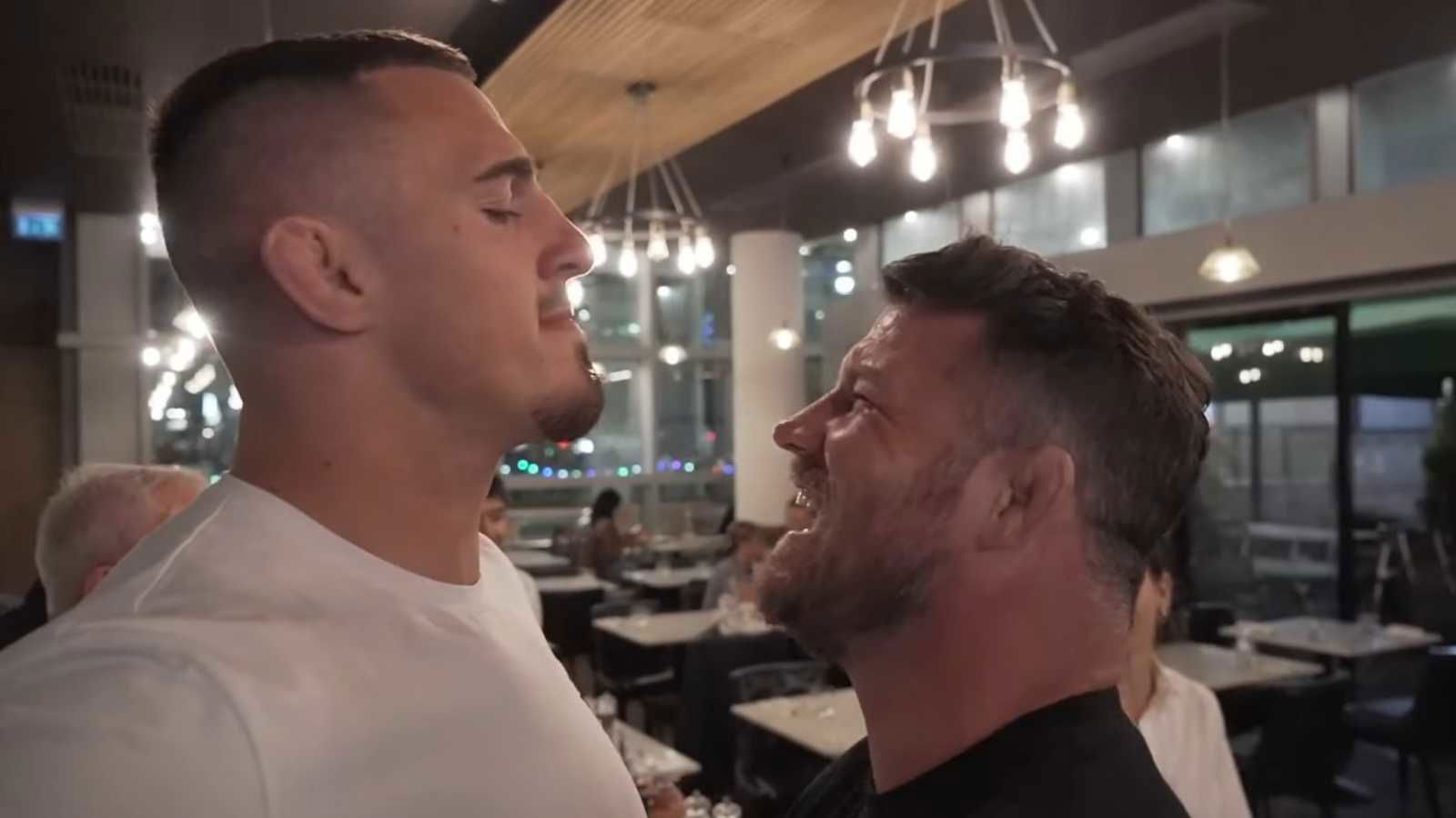 “I’ll f**king do ya” – WATCH: ‘Intoxicated’ Michael Bisping hilariously confronts heavyweight prospect, Tom Aspinall