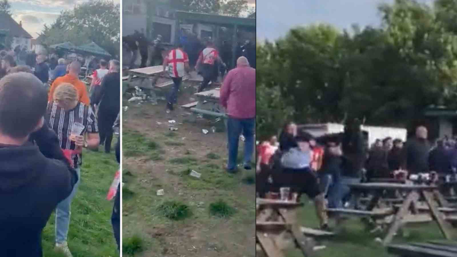 Five people hospitalized after about 100 masked football fans raided a pub full of England supporters in Wembley