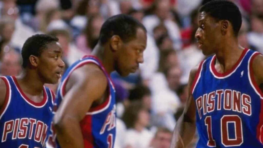 Dennis Rodman(R) with Isiah Thomas and Joe Dumars during the "Bad Boy Pistons" era