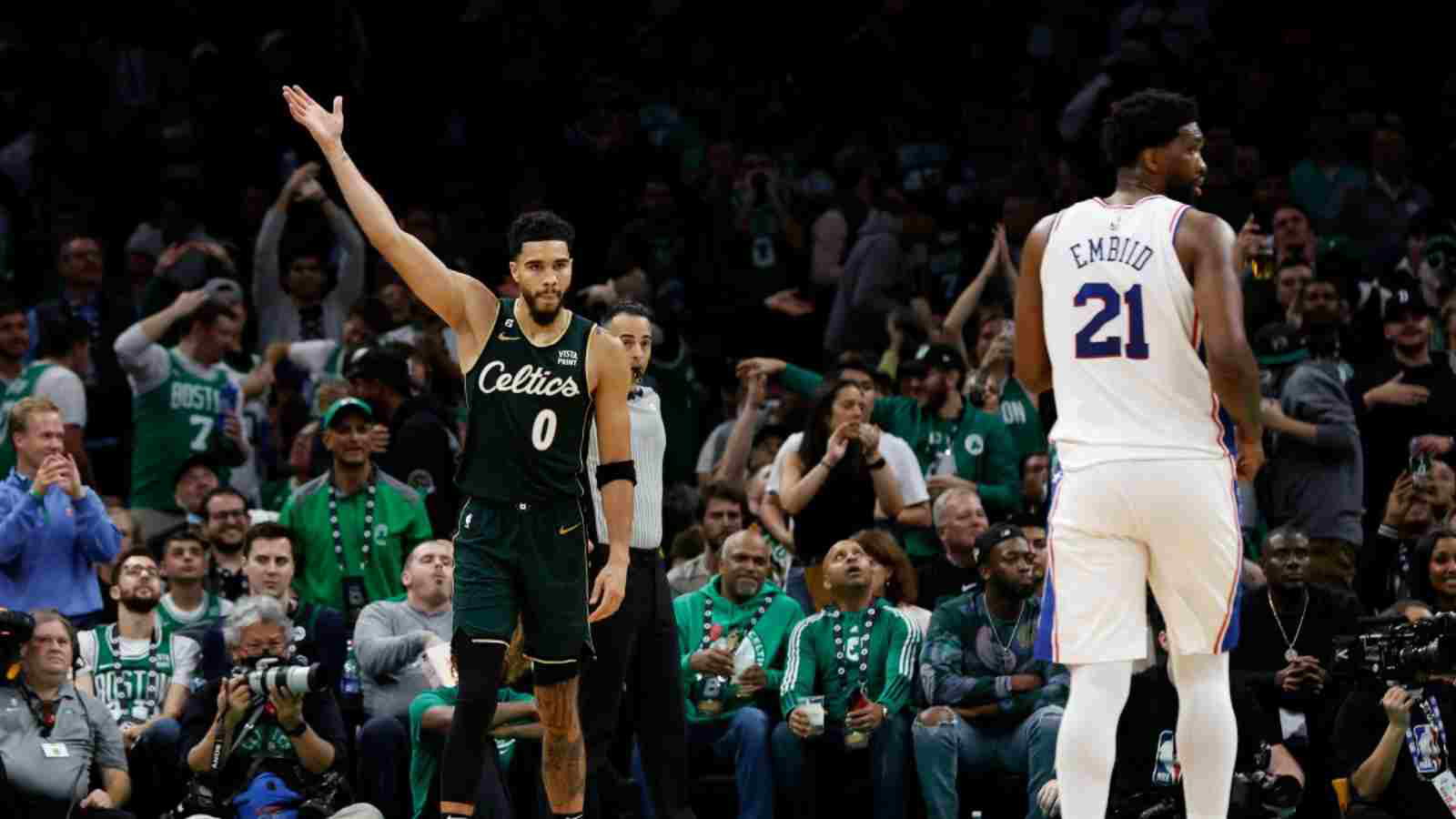 Jayson Tatum of the Celtics and Joel Embiid of the 76ers