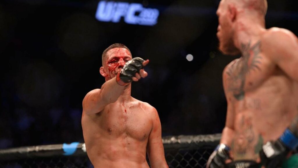 A classic UFC image - Nate Diaz (L) taunts Conor McGregor (R) in their 2016 bout