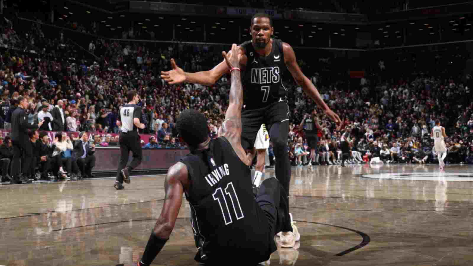 Kyrie Irving(11) and Kevin Durant(7) of the Brooklyn Nets