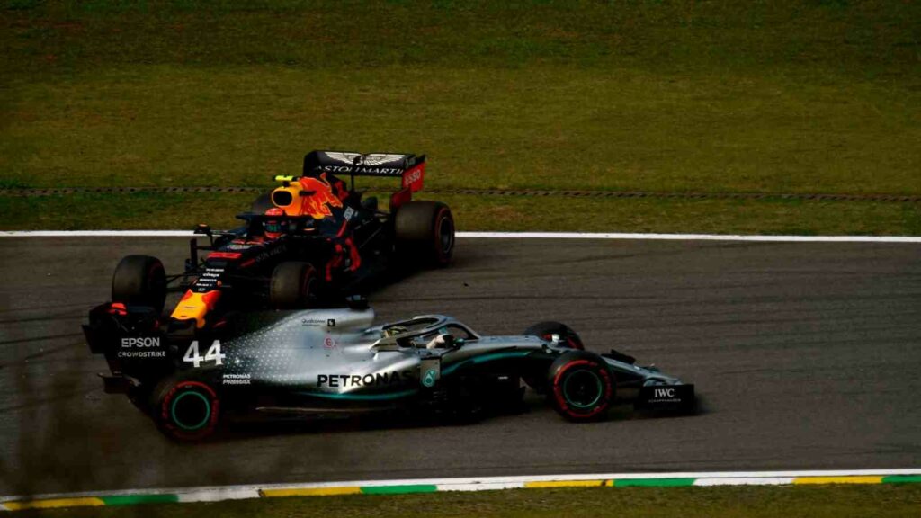 The aftermath of the collision between Alex Albon and Lewis Hamilton at the 2019 Brazilian GP