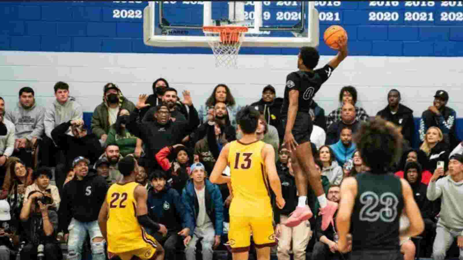 WATCH: Kardashians and celebrities in attendance hyped up as Bronny James heats the gym up with his TOMAHAWK dunk against Kiyan Carmelo Anthony