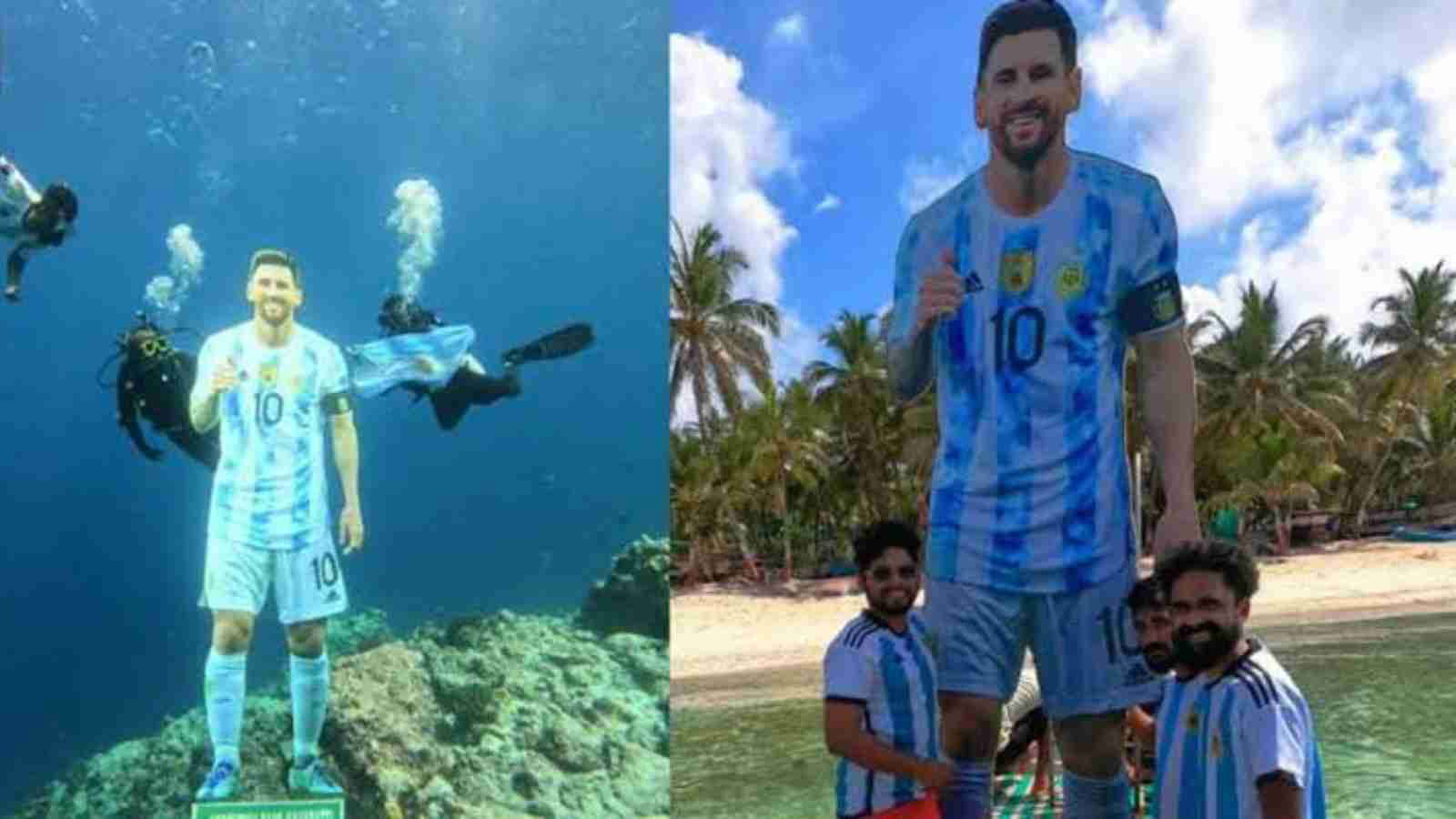 Fans dive 100 feet into the ocean to put up a Lionel Messi cutout ahead of the 2022 FIFA World Cup Final