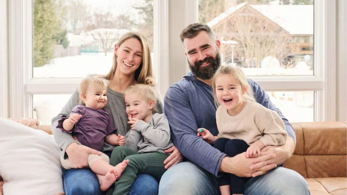 Jason and Kylie Kelce with daughters Wyatt, Elliotte, and Bennett 