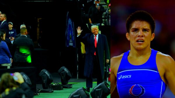 Henry Cejudo shakes and daps up with Donald Trump at NCAA Division I Wrestling National finals