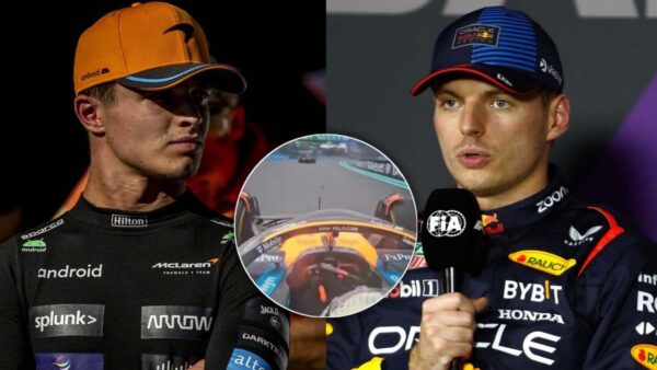 Lando Norris and Max Verstappen (images via IMAGO). Lando Norris flips off Max Verstappen (image via @fiagirly/X)