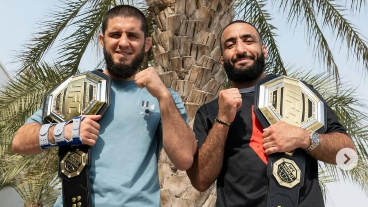 UFC Insider predicts Dana White to 'break the bank' for Islam Makhachev vs Ilia Topuria super fight 3 Islam Makhachev and Belal Muhammad posing with each other