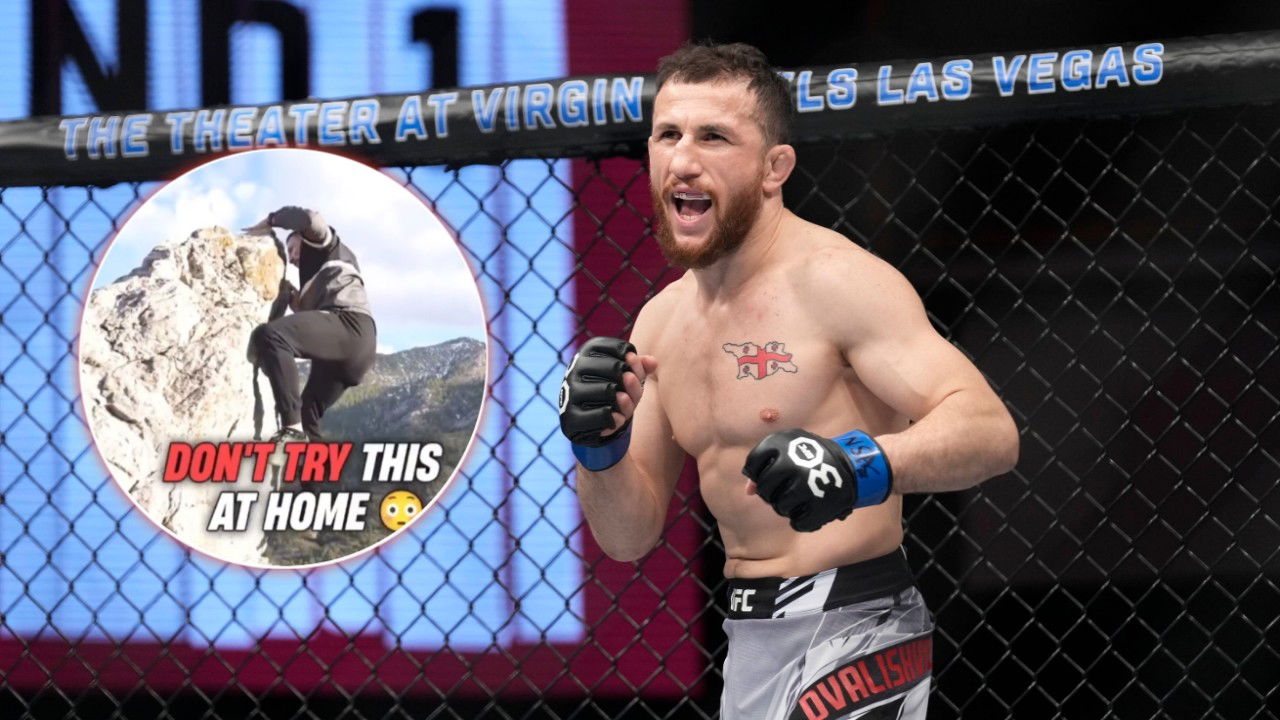 “Dude is nuts” – Fans fear for UFC Champ Merab Dvalishvili’s life after wild pull-ups stunt on cliff edge
