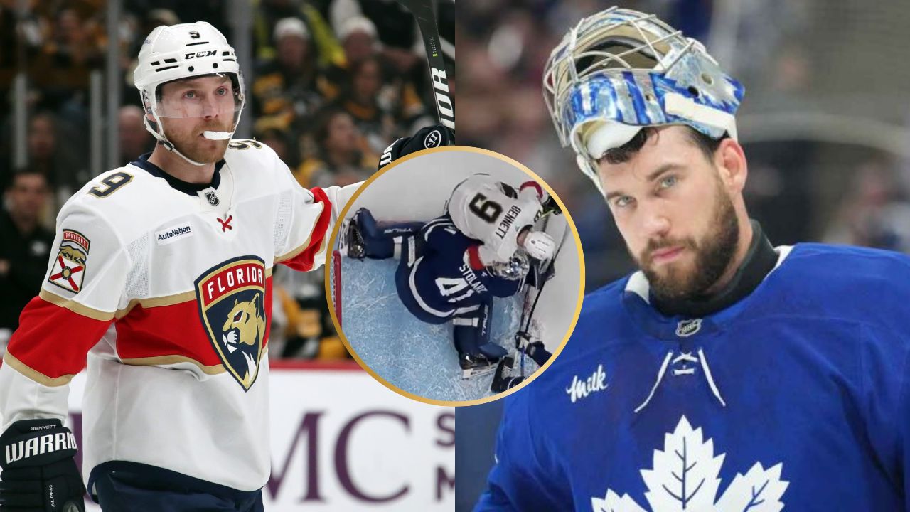 “Should be gone for the rest of the series” – NHL fans demand SUSPENSION for Sam Bennett for his elbow hit on goaltender Anthony Stolarz in Game 1
