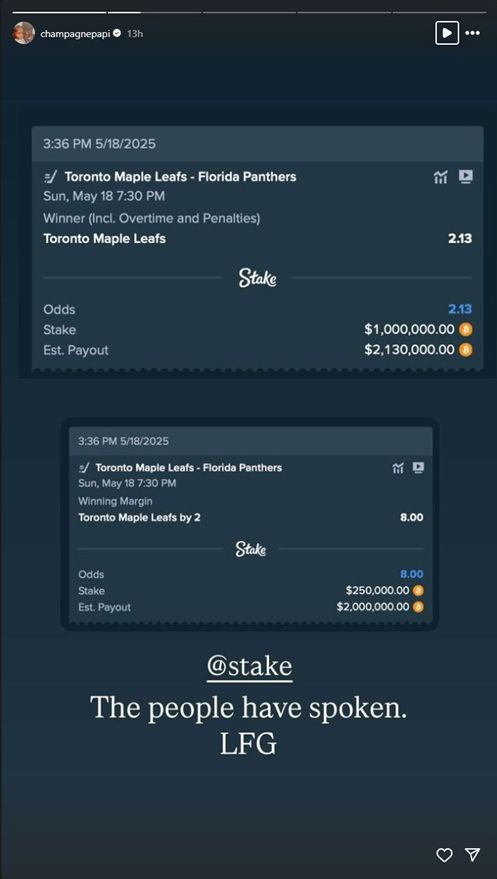 Drake Finds Solace in Shai Gilgeous-Alexander's Playoff Win After Losing $1.25 Million on Maple Leafs Bets 2 The bets Drake placed on the Toronto Maple Leafs