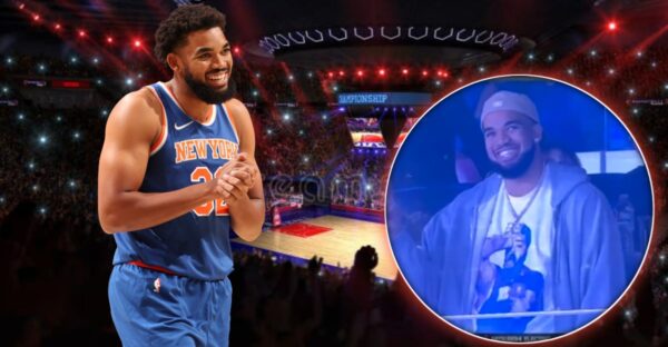 Karl-Anthony Towns reps a Boston Celtics trolling t-shirt at Mets-Yankees game