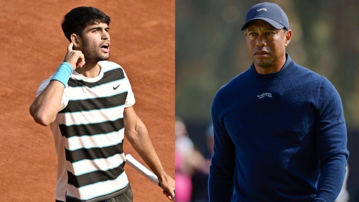 PGA Tour Comparing Carlos Alcaraz to Tiger Woods After Winning French Open Doesn't Sit Well with Golf Fans: "Don’t Try to Compare Anyone to the Goat" 1 Carlos Alcaraz and Tiger Woods