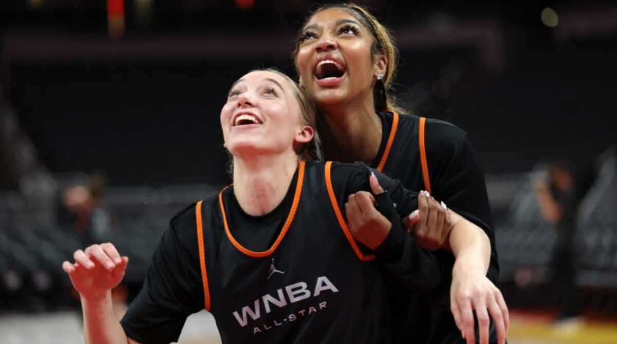 Angel Reese and Paige Bueckers at All-Star practice