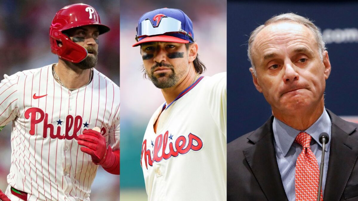Bryce Harper, Nick Castellanos and Rob Manfred