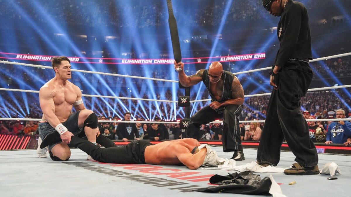 Former WWE Personality Drags The Rock over His Heavy Involvement in John Cena's Heel turn 1 John Cena, The Rock and Travis Scott attacking Cody Rhodes