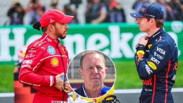 Lewis Hamilton and Max Verstappen (via Getty), Martin Brundle (via Sky Sports)