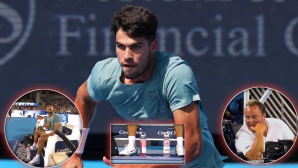 Carlos Alcaraz argues with the chair umpire over Evian bottles
