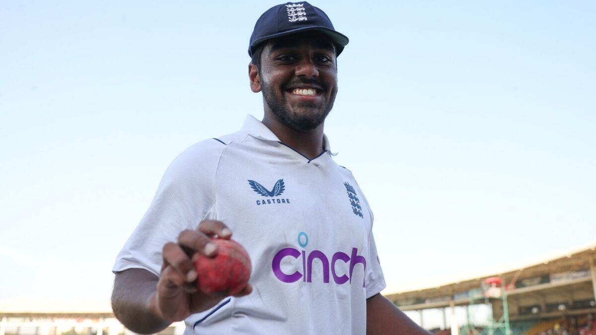 Rehan Ahmed celebrates a five wicket haul in Test cricket.