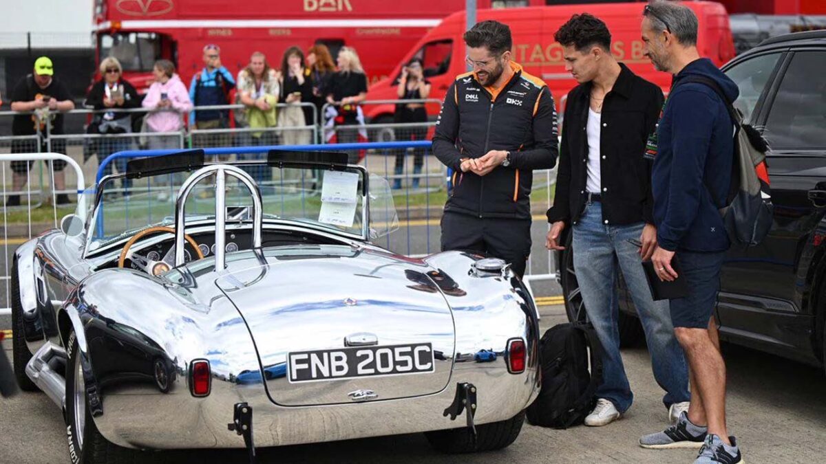 Lando Norris Expresses Pride in $2 Million 'First Gift' to himself 1 Lando Norris with his chrome Shelby Cobra at Silverstone (via McLaren)
